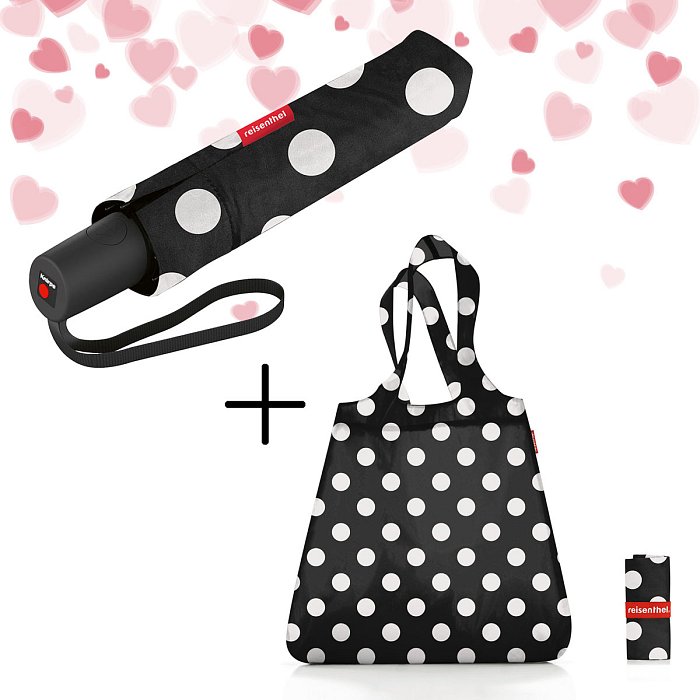 Sada deštník + skládací nákupní taška Reisenthel Pocket Duomatic Dots White & Mini Maxi Shopper